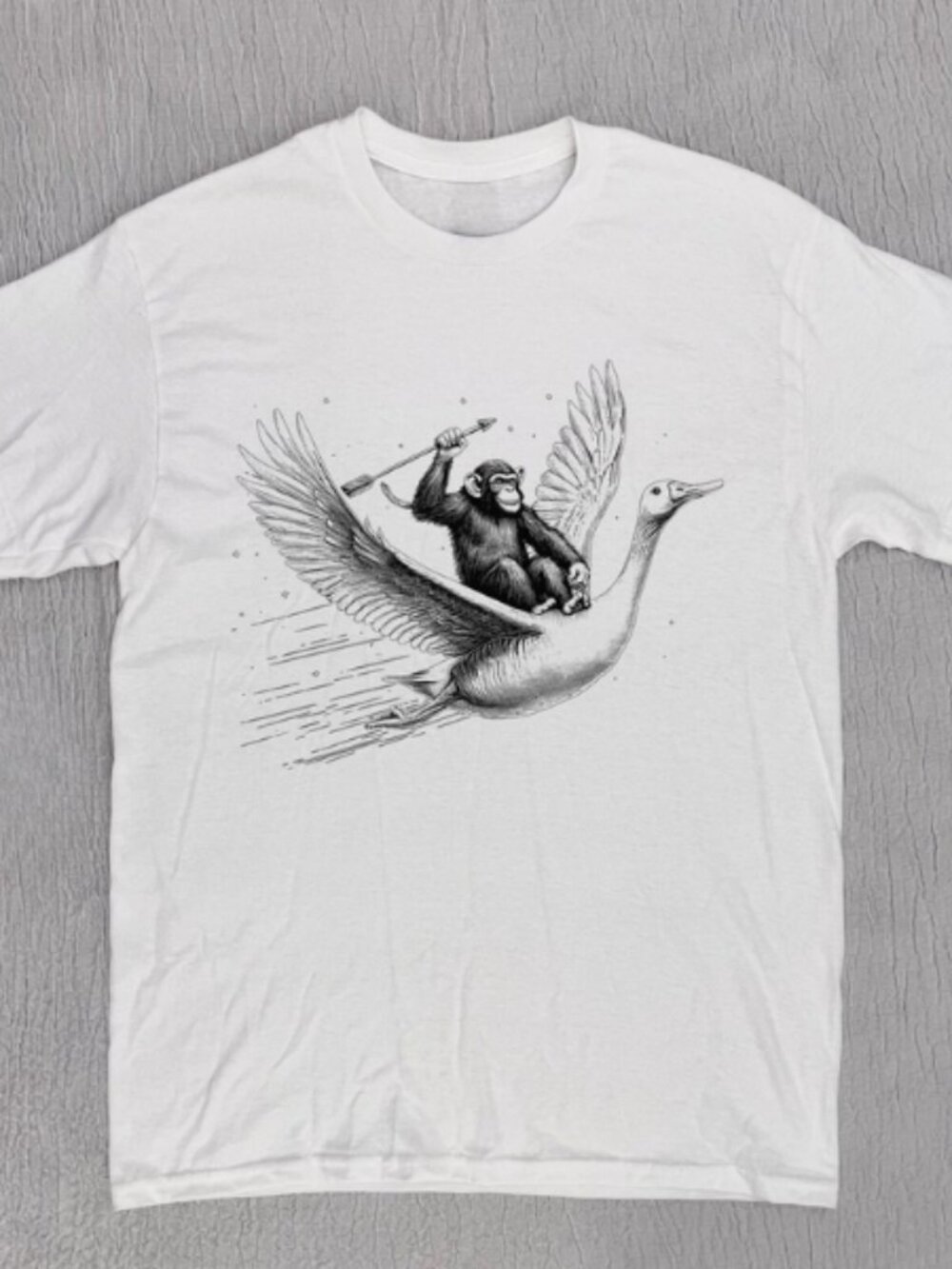 Monkey Riding Flying Goose Funny Graphic T-Shirt